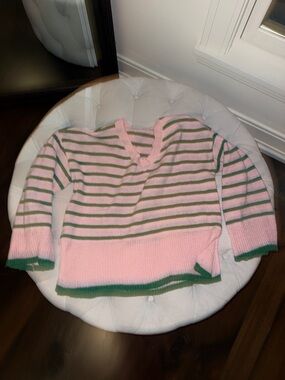 Pink & Green Striped V-Neck Women's Sweater